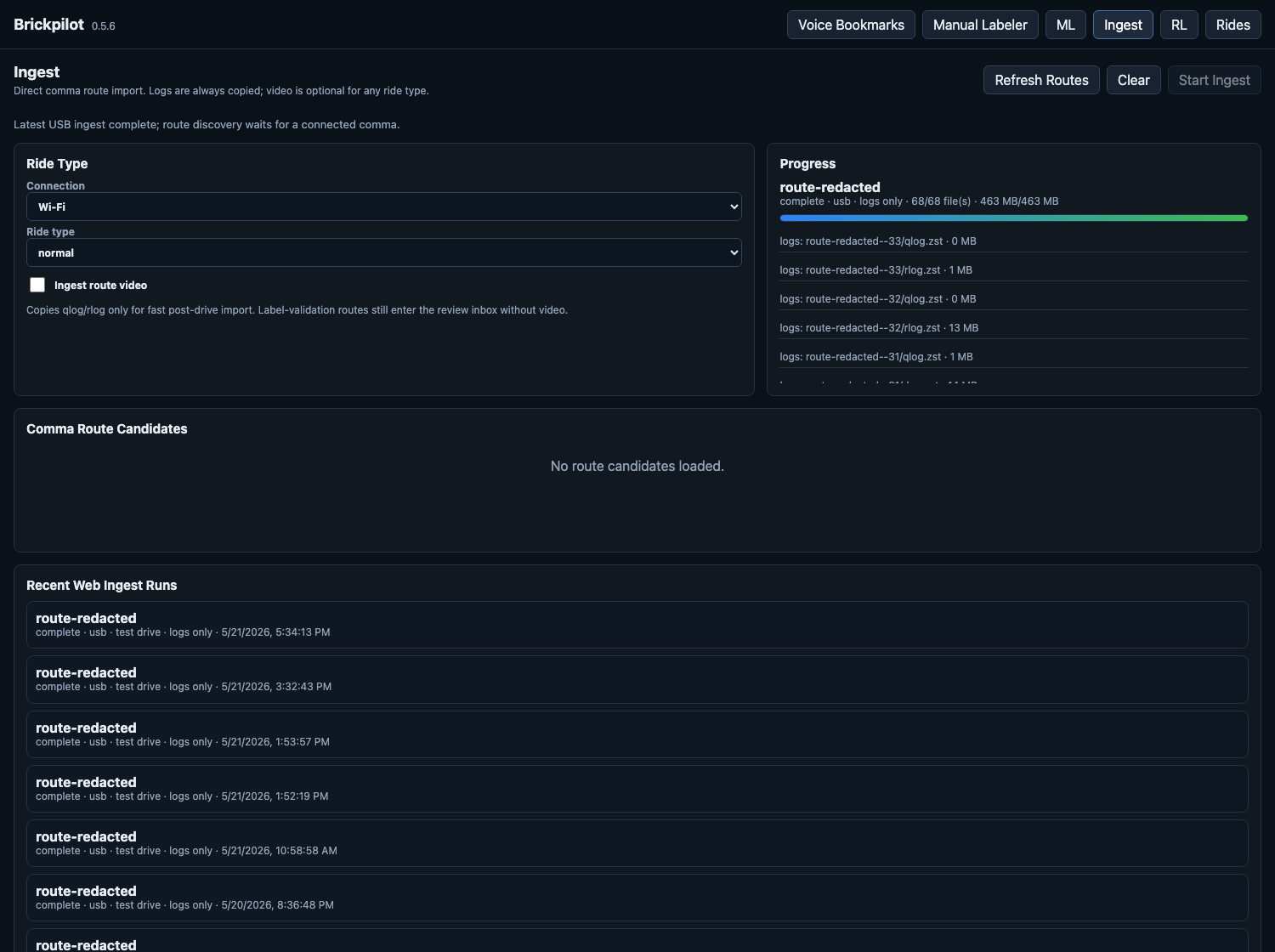 Screenshot of the Brickpilot ingest dashboard showing connection controls, completed ingest progress, file progress, and recent web ingest runs.