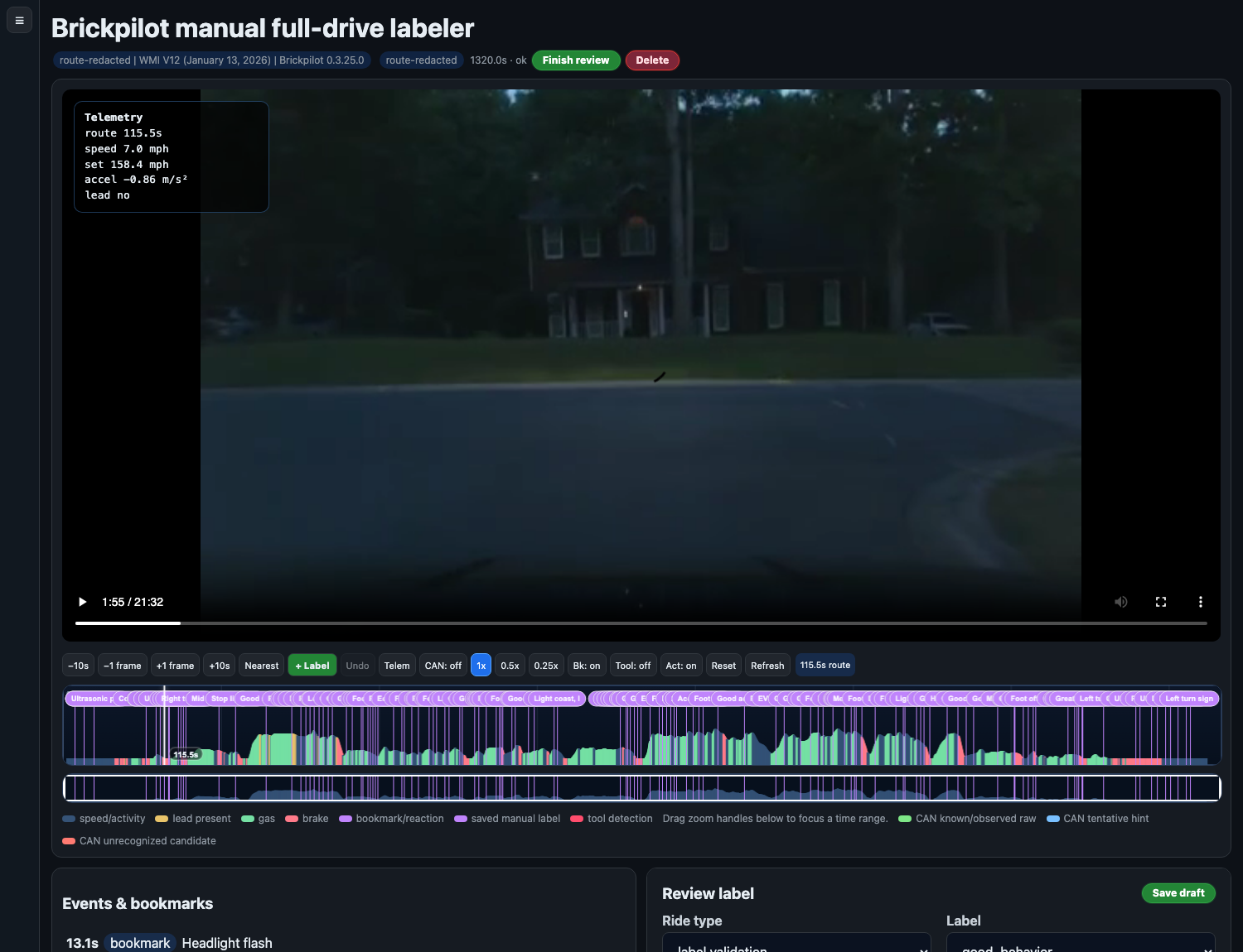 Screenshot of the Brickpilot manual labeler with paused drive video, telemetry overlay, dense bookmark timeline, events list, and review label form.