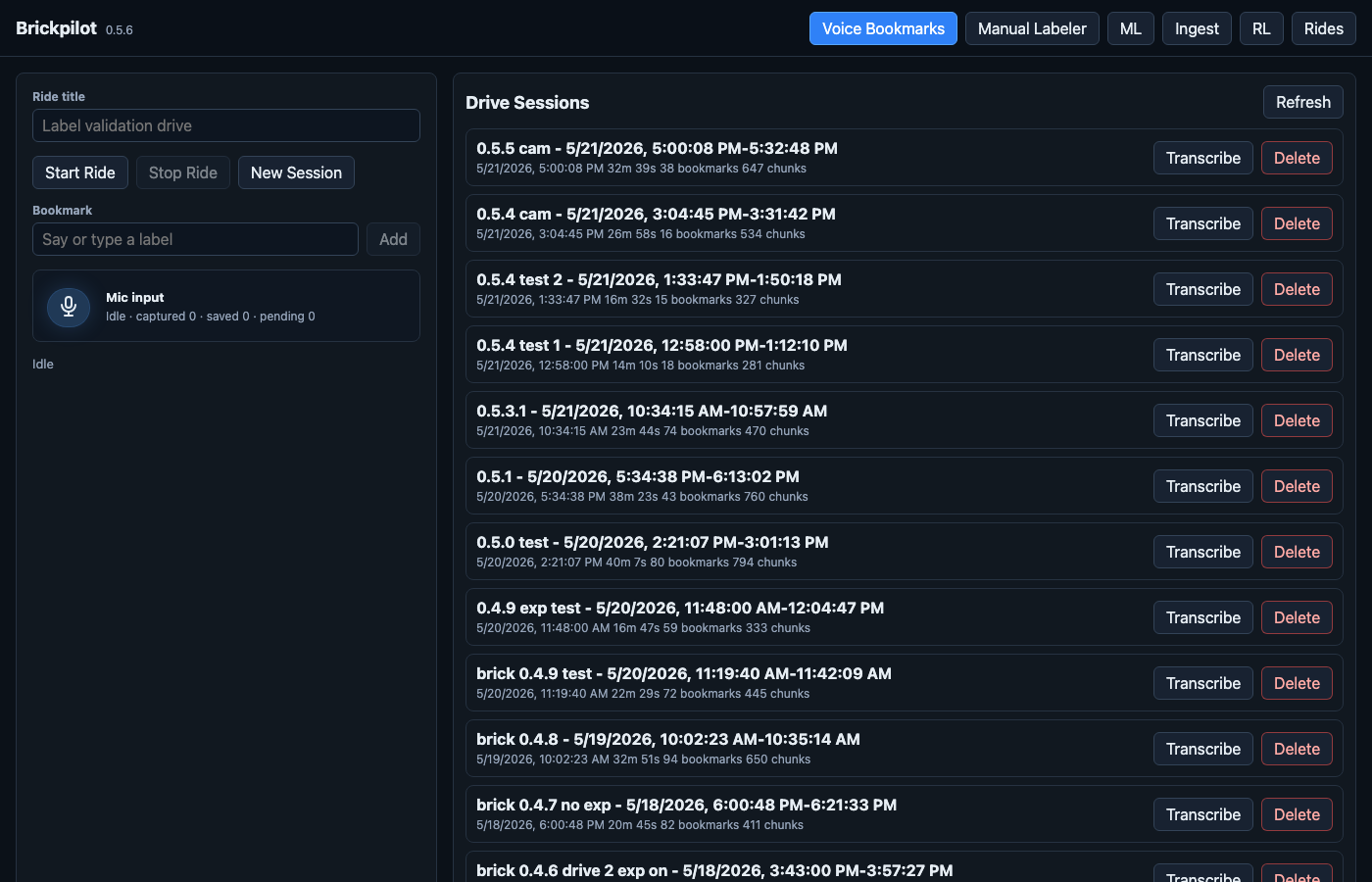 Screenshot of the local Brickpilot voice bookmark dashboard with recent drive sessions.