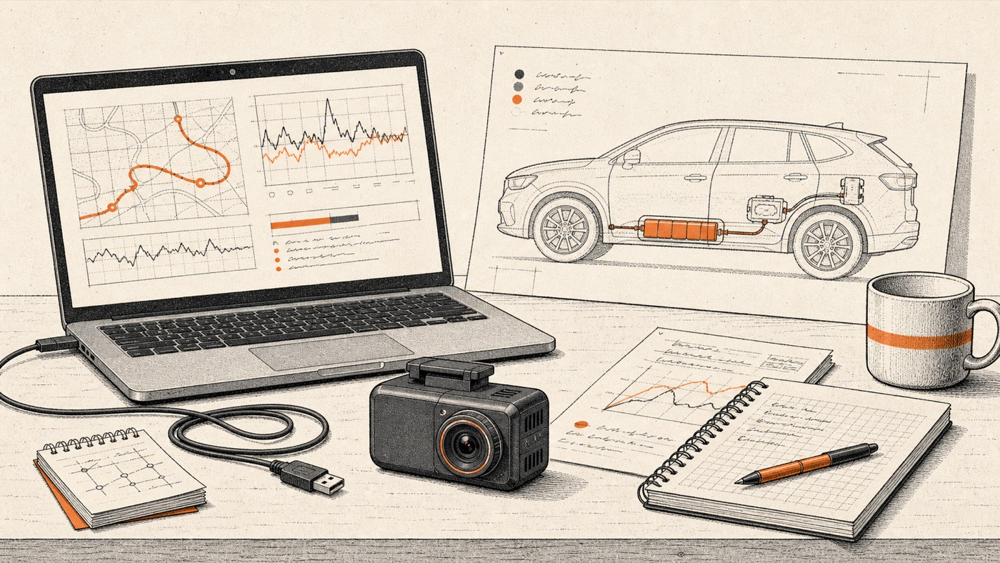 Illustrated workbench with a laptop showing route graphs, a small camera device, notes, and a plug-in hybrid SUV outline.